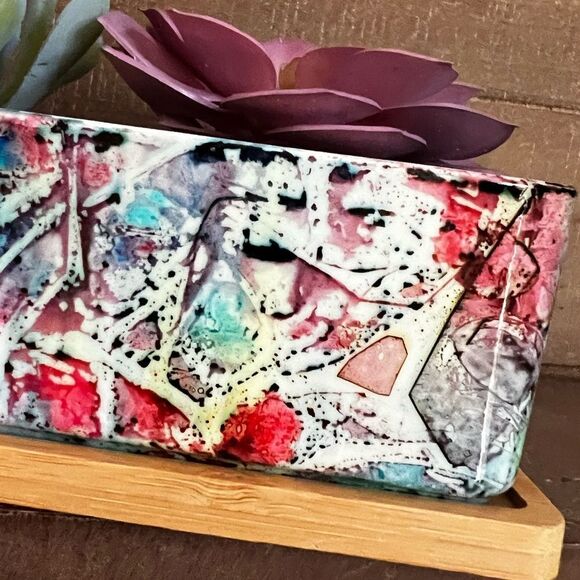 Hand-Painted Ceramic Succulent Planter with Bamboo Tray - Picture 3 of 6